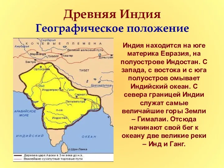 Древняя Индия Географическое положение Индия находится на юге материка Евразия,