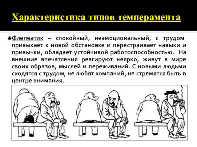 Характеристика типов темперамента Флегматик – спокойный, неэмоциональный, с трудом привыкает