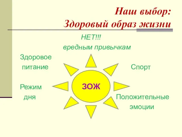 Наш выбор: Здоровый образ жизни НЕТ!!! вредным привычкам Здоровое питание Спорт Режим дня Положительные эмоции ЗОЖ