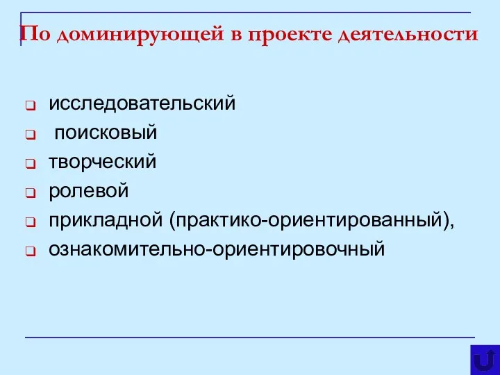 По доминирующей в проекте деятельности исследовательский поисковый творческий ролевой прикладной (практико-ориентированный), ознакомительно-ориентировочный