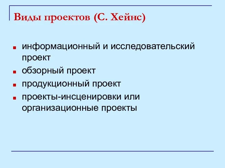 Виды проектов (С. Хейнс) информационный и исследовательский проект обзорный проект продукционный проект проекты-инсценировки или организационные проекты