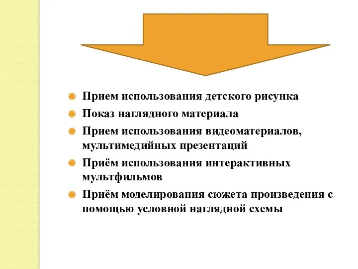 Прием использования детского рисунка Показ наглядного материала Прием использования видеоматериалов,