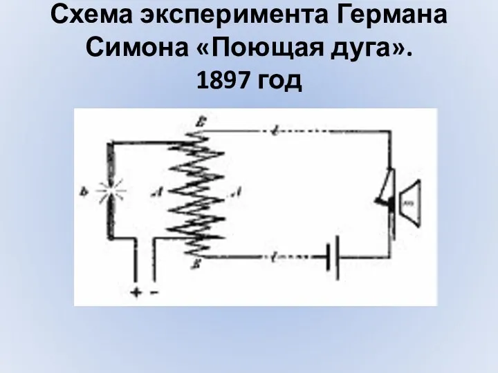Схема эксперимента Германа Симона «Поющая дуга». 1897 год
