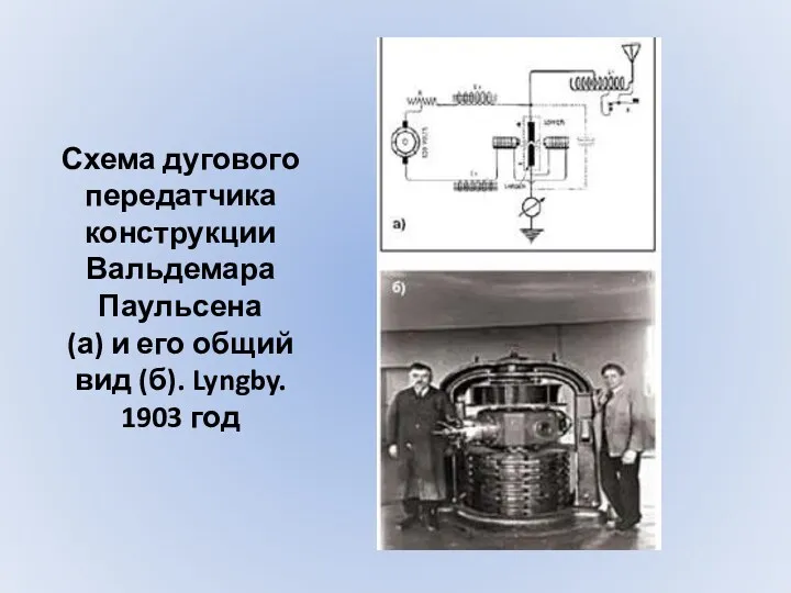 Схема дугового передатчика конструкции Вальдемара Паульсена (а) и его общий вид (б). Lyngby. 1903 год