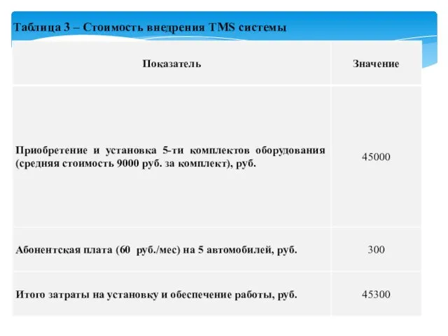 Таблица 3 – Стоимость внедрения TMS системы