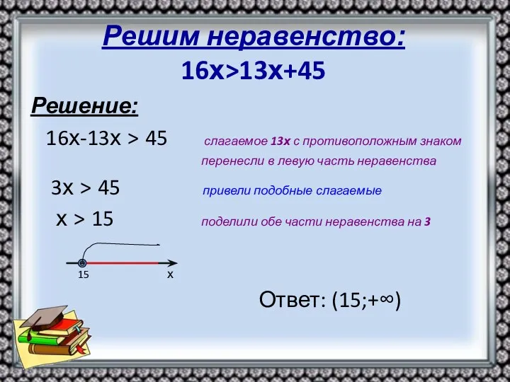 Решим неравенство: 16х>13х+45 Решение: 16х-13х > 45 слагаемое 13х с