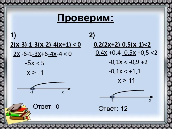 Проверим: 1) 2(х-3)-1-3(х-2)-4(х+1) 2х -6-1-3х+6-4х-4 -5х х > -1 -1 х Ответ: 0
