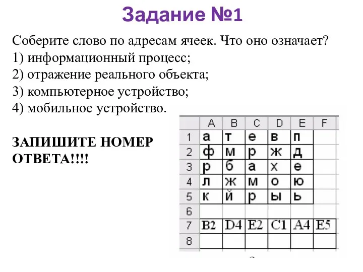 Соберите слово по адресам ячеек. Что оно означает? 1) информационный