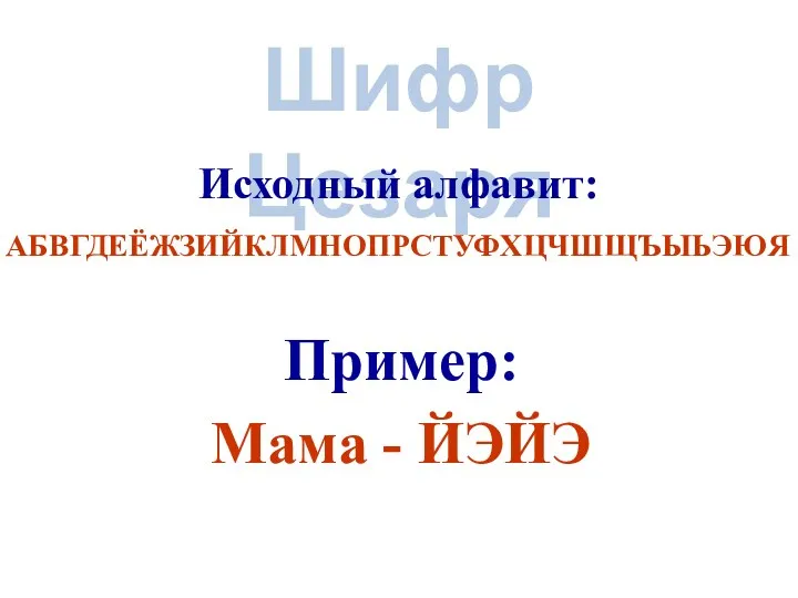 Шифр Цезаря Исходный алфавит: АБВГДЕЁЖЗИЙКЛМНОПРСТУФХЦЧШЩЪЫЬЭЮЯ Пример: Мама - ЙЭЙЭ