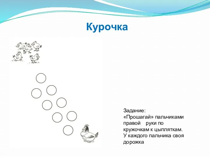 Курочка Задание: «Прошагай» пальчиками правой руки по кружочкам к цыпляткам. У каждого пальчика своя дорожка