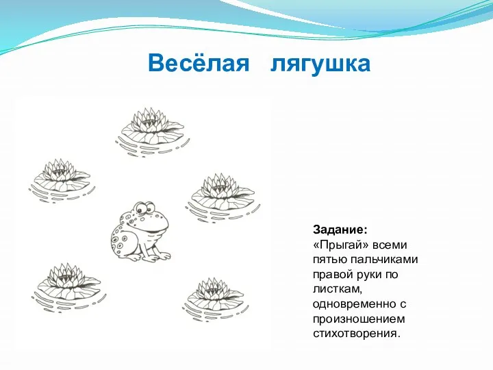 Весёлая лягушка Задание: «Прыгай» всеми пятью пальчиками правой руки по листкам, одновременно с произношением стихотворения.