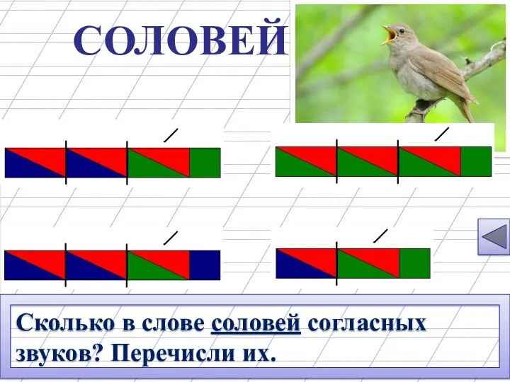 СОЛОВЕЙ Сколько в слове соловей согласных звуков? Перечисли их. 4 согласных звука: [С], [Л], [В´], [Й´].