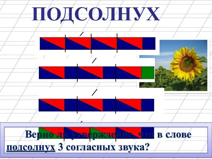 ПОДСОЛНУХ Верно ли утверждение, что в слове подсолнух 3 согласных звука? нет, 3 гласных звука