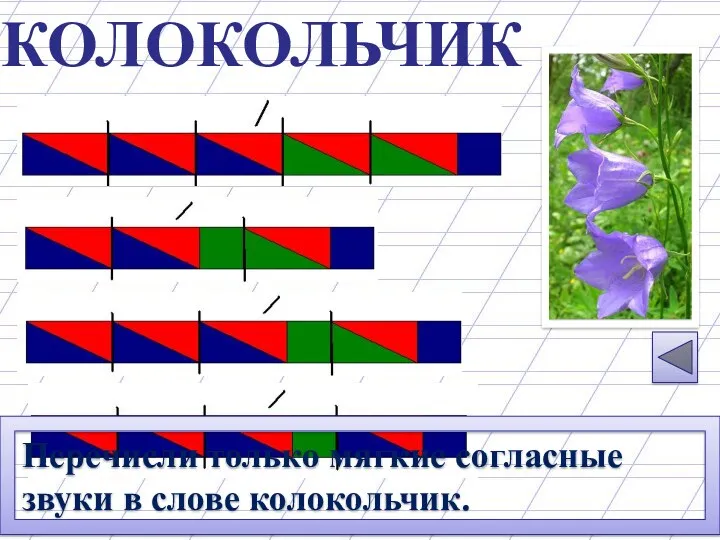 КОЛОКОЛЬЧИК Перечисли только мягкие согласные звуки в слове колокольчик. [ Л´], [Ч´]