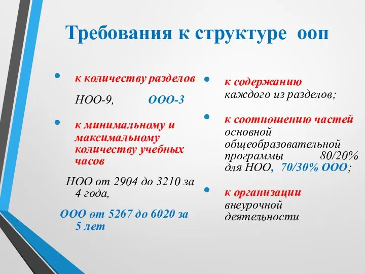 Требования к структуре ооп к количеству разделов НОО-9, ООО-3 к