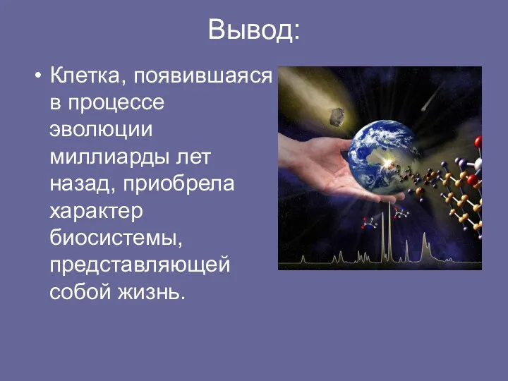 Вывод: Клетка, появившаяся в процессе эволюции миллиарды лет назад, приобрела характер биосистемы, представляющей собой жизнь.