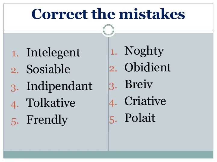 Correct the mistakes Intelegent Sosiable Indipendant Tolkative Frendly Noghty Obidient Breiv Criative Polait