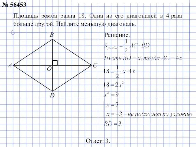 Площадь ромба равна 18. Одна из его диагоналей в 4