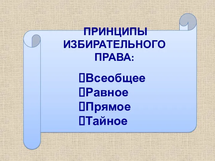 ПРИНЦИПЫ ИЗБИРАТЕЛЬНОГО ПРАВА: Всеобщее Равное Прямое Тайное