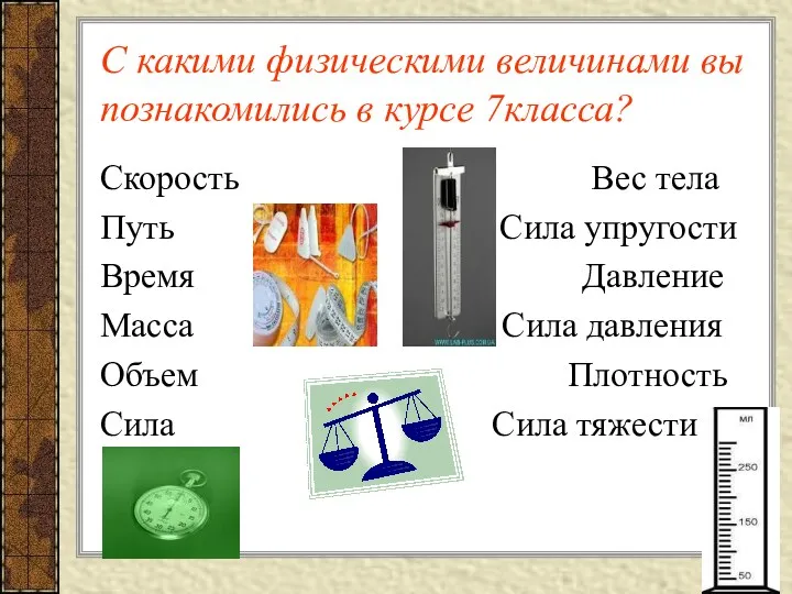 С какими физическими величинами вы познакомились в курсе 7класса? Скорость