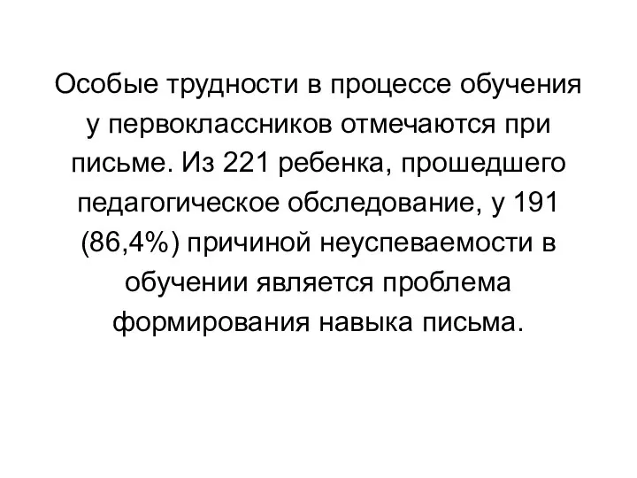 Особые трудности в процессе обучения у первоклассников отмечаются при письме. Из 221 ребенка,