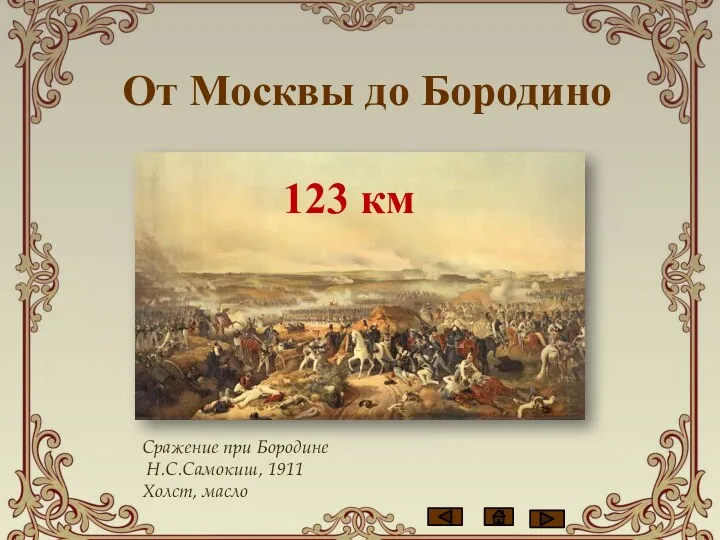 От Москвы до Бородино Сражение при Бородине Н.С.Самокиш, 1911 Холст, масло 123 км