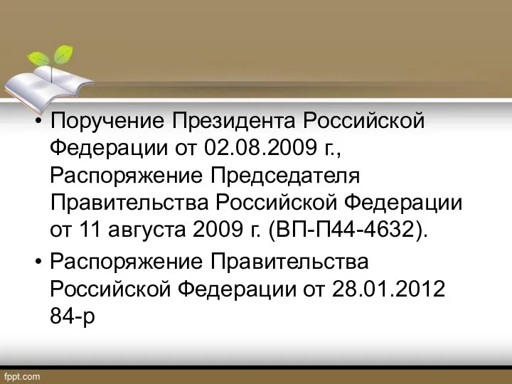 Поручение Президента Российской Федерации от 02.08.2009 г., Распоряжение Председателя Правительства