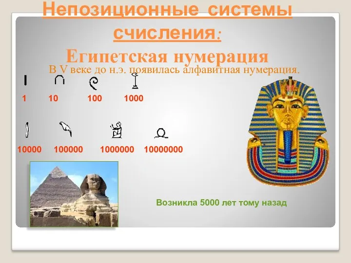 Непозиционные системы счисления: Египетская нумерация 1 10 100 1000 10000