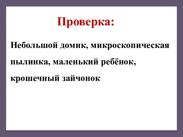 Небольшой домик, микроскопическая пылинка, маленький ребёнок, крошечный зайчонок Проверка: