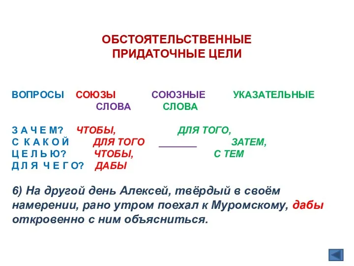 ОБСТОЯТЕЛЬСТВЕННЫЕ ПРИДАТОЧНЫЕ ЦЕЛИ ВОПРОСЫ СОЮЗЫ СОЮЗНЫЕ УКАЗАТЕЛЬНЫЕ СЛОВА СЛОВА З