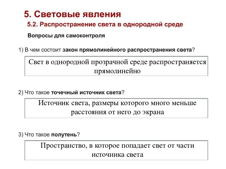 Свет в однородной прозрачной среде распространяется прямолинейно Источник света, размеры