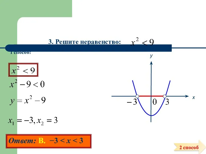х 2 способ Ответ: В. −3 3. Решите неравенство: 1 способ: у
