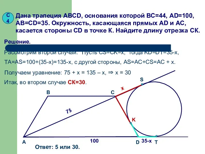 С4 Дана трапеция АВСD, основания которой ВС=44, AD=100, AB=CD=35. Окружность,