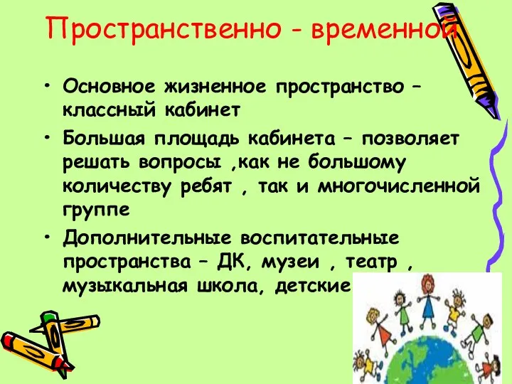 Пространственно - временной Основное жизненное пространство – классный кабинет Большая