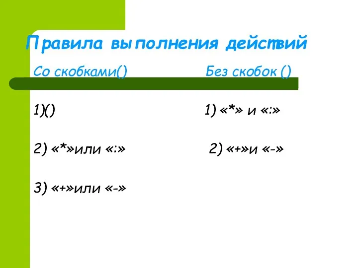 Правила выполнения действий Со скобками() Без скобок () 1)() 1)