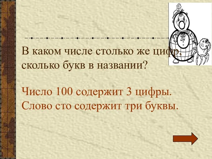 В каком числе столько же цифр, сколько букв в названии? Число 100 содержит