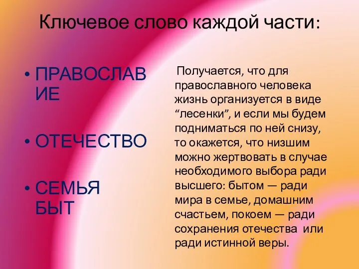 Ключевое слово каждой части: ПРАВОСЛАВИЕ ОТЕЧЕСТВО СЕМЬЯ БЫТ Получается, что