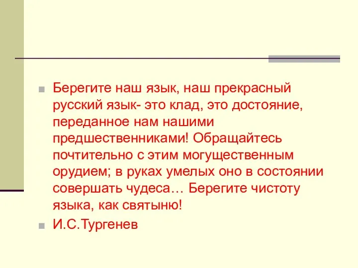 Берегите наш язык, наш прекрасный русский язык- это клад, это