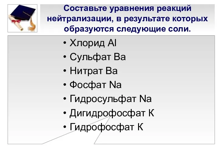 Составьте уравнения реакций нейтрализации, в результате которых образуются следующие соли.