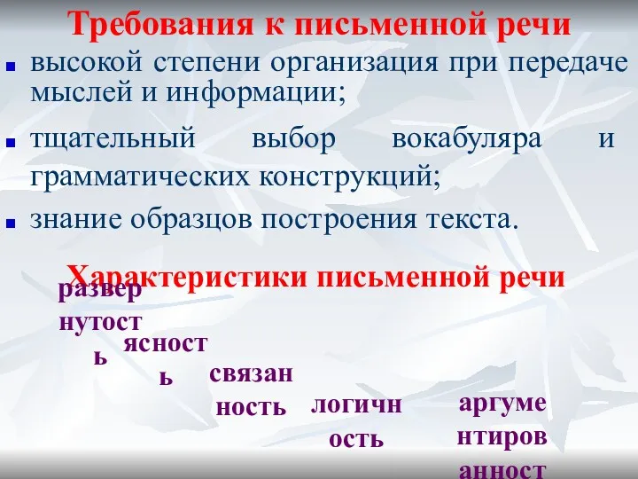 Требования к письменной речи высокой степени организация при передаче мыслей и информации; тщательный