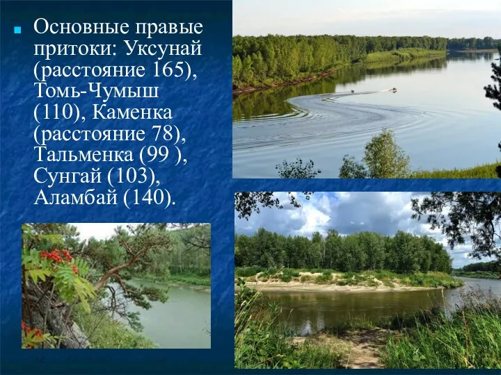 Основные правые притоки: Уксунай (расстояние 165), Томь-Чумыш (110), Каменка (расстояние