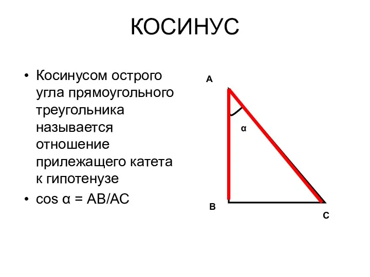 КОСИНУС Косинусом острого угла прямоугольного треугольника называется отношение прилежащего катета