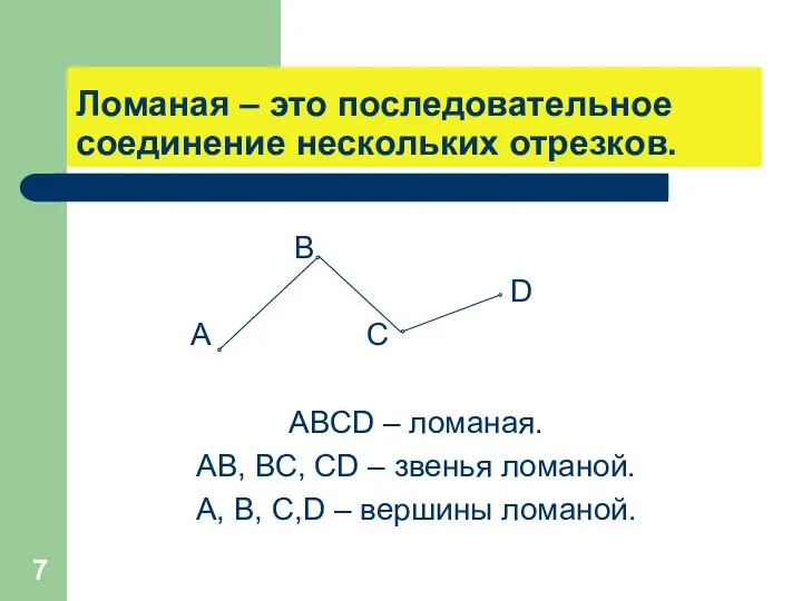 Ломаная – это последовательное соединение нескольких отрезков. В D А