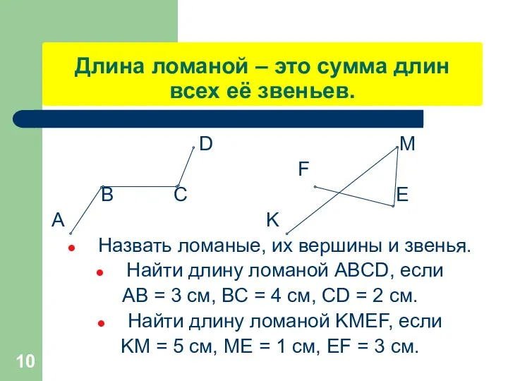 Длина ломаной – это сумма длин всех её звеньев. D