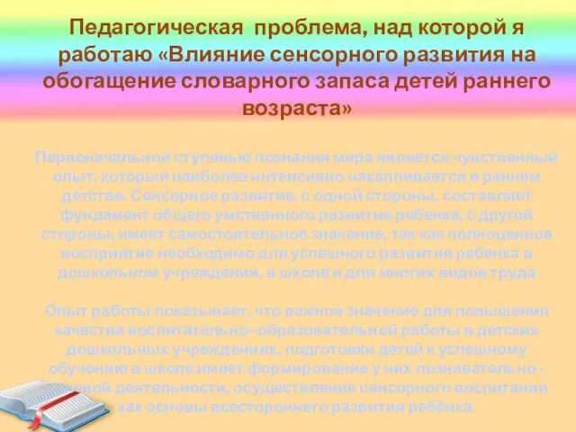 Педагогическая проблема, над которой я работаю«Влияние сенсорного развития на обогащение