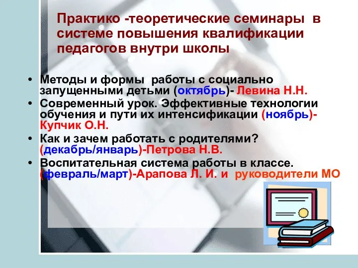 Практико -теоретические семинары в системе повышения квалификации педагогов внутри школы