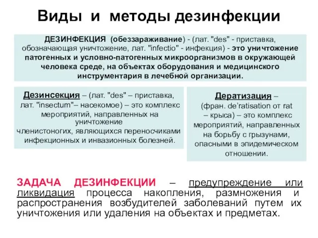 Виды и методы дезинфекции ЗАДАЧА ДЕЗИНФЕКЦИИ – предупреждение или ликвидация