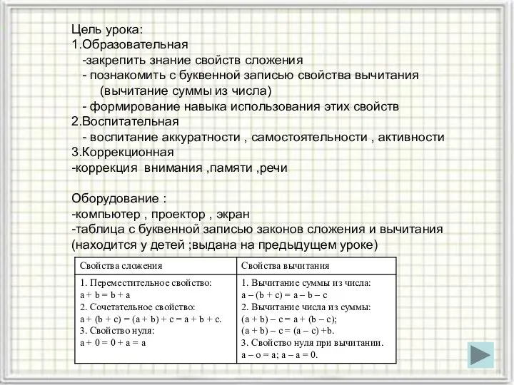 Цель урока: 1.Образовательная -закрепить знание свойств сложения - познакомить с