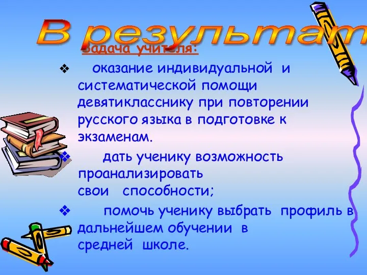 Задача учителя: оказание индивидуальной и систематической помощи девятикласснику при повторении