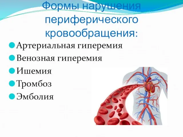 Формы нарушения периферического кровообращения: Артериальная гиперемия Венозная гиперемия Ишемия Тромбоз Эмболия